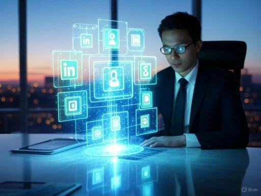 A business professional interacts with a holographic display of social media icons in a modern office at sunset.