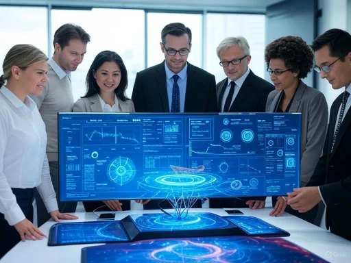 Business professionals analyze futuristic holographic data displays in a modern office setting.