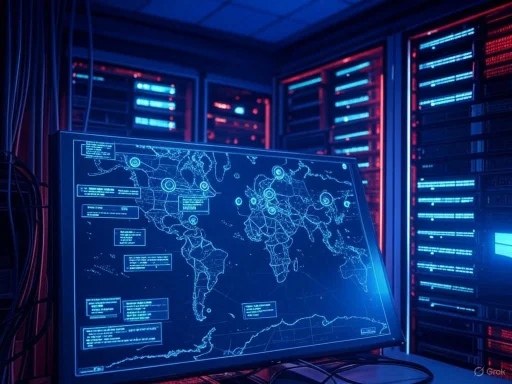 A digital world map display in a high-tech server room, highlighting global network connections and data points.