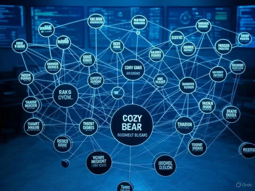A network diagram shows interconnected concepts centered around 'COZY BEAR,' with various related topics linked by lines.