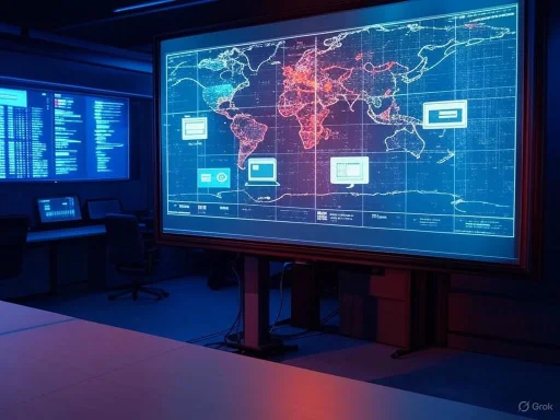 A high-tech control room displaying a global digital map with data points and charts on large screens.