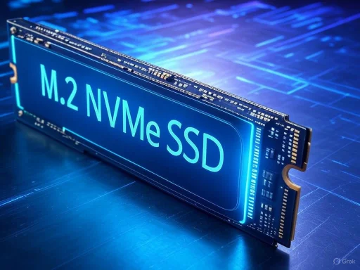 A close-up of a blue-lit M.2 NVMe SSD computer component on a circuit board.