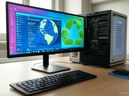 A computer setup with a monitor displaying global data and recycling symbols, a keyboard, mouse, and a server on a wooden desk.