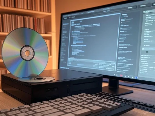 A computer setup showing a monitor, keyboard, and a compact desktop with a CD/DVD in a workspace.