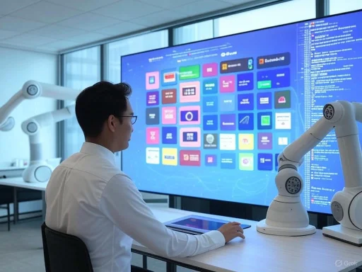A researcher interacts with a digital interface in a high-tech lab, surrounded by robotic arms in a modern setting.
