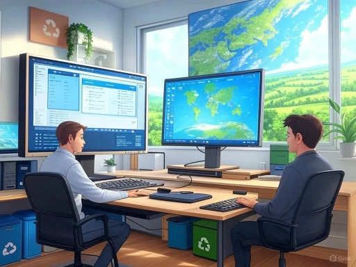Two professionals work at desks in an office with multiple monitors, large windows, and a world map display.