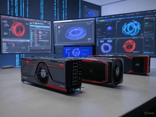 High-performance graphics cards on a testing setup with multiple monitors displaying 3D rendering data.