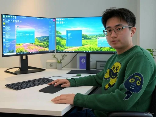 A person working at a desk with dual monitors displaying desktop backgrounds and open windows.