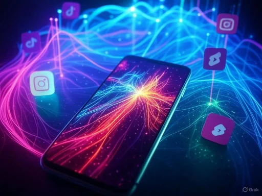 A smartphone surrounded by colorful, glowing social media icons and dynamic light trails, representing digital connectivity.