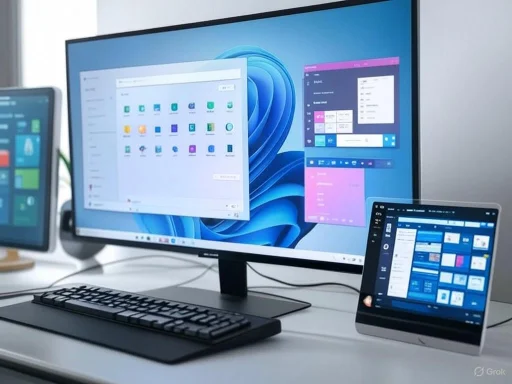 Multiple screens displaying Windows 11 interface on a white desk with a keyboard and connected devices.