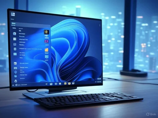 A modern desktop computer with a large monitor, keyboard, and cityscape background, illuminated by blue lighting.