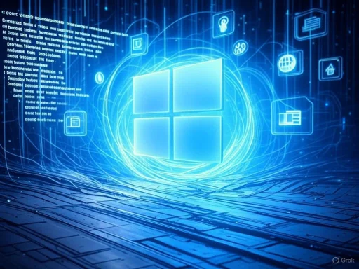 A digital illustration of the Windows logo surrounded by floating icons and data streams in a blue, high-tech environment.