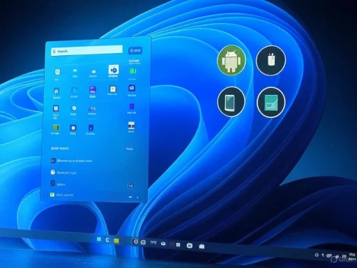 The image shows a Windows desktop screen with a start menu open and four app icons on the right side.