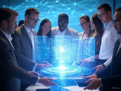 A diverse team of professionals interacts with a holographic digital interface during a high-tech presentation or collaboration.
