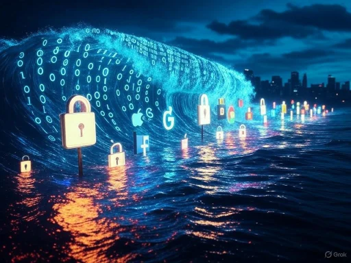 Digital security icons float on water with a city skyline in the background, symbolizing cyber protection.