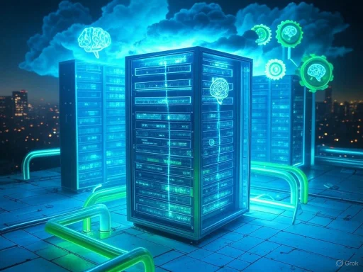 Futuristic data center with glowing servers and AI-related icons floating above, set against a cityscape at night.