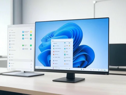 A computer monitor displays a Windows desktop with a second, smaller monitor in the background on a white desk.