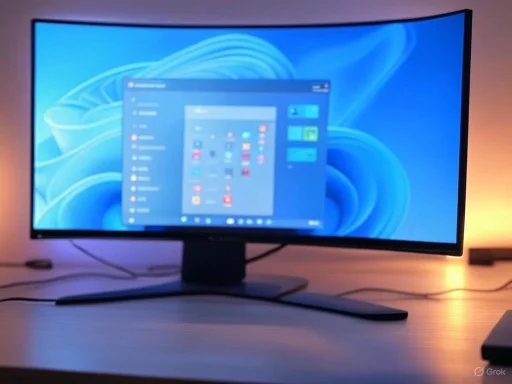 A curved computer monitor displays a Windows desktop with a blurred background and app icons.