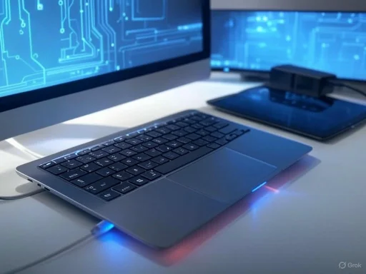 A laptop and smartphone displaying digital circuit graphics on screens, with the devices connected on a desk. A laptop and smartphone displaying digital circuit graphics on screens, with the devices connected on a desk.