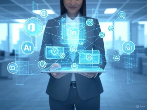 A woman in business attire interacts with a digital hologram of social media and AI icons in a modern office. A woman in business attire interacts with a digital hologram of social media and AI icons in a modern office.