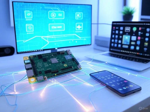 A workspace with a Raspberry Pi, laptop, smartphone, and monitor displaying tech schematics and icons.