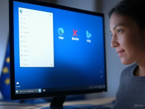 A woman smiles while looking at a computer screen showing the Microsoft Edge browser and bookmarks sidebar.