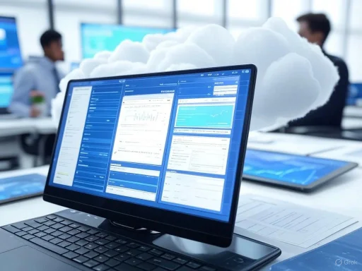 A computer monitor displaying data and graphs, with a cloud-shaped decoration or graphic in the background of a modern office.