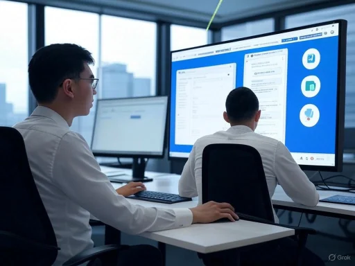 Two professionals working on computers in a modern office with large windows and city views.