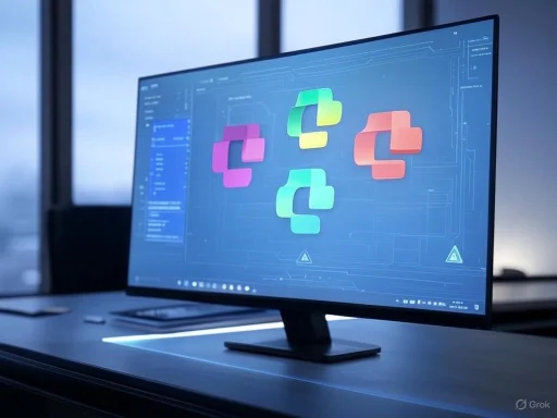 A computer monitor displays a colorful, abstract digital interface with interconnected geometric shapes on a dark background.