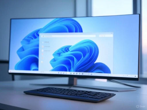 A sleek computer monitor displaying the Windows 11 desktop, with a keyboard in front, set on a modern office desk.