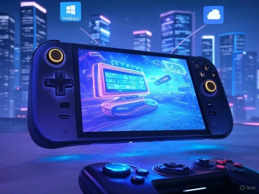 A handheld gaming device displays a futuristic digital cityscape with cloud and Windows icons in the background.