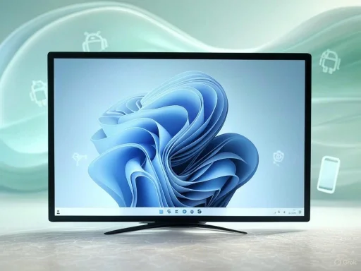A modern computer monitor displaying a blue abstract swirl design with floating icons in the background. A modern computer monitor displaying a blue abstract swirl design with floating icons in the background.