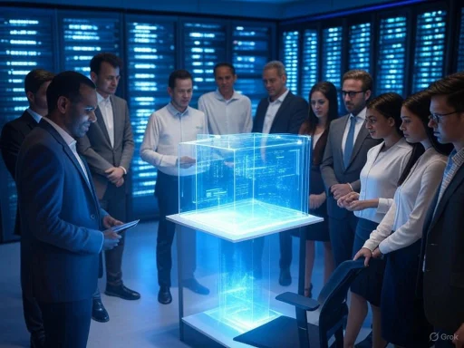 A group of professionals gathers around a glowing holographic digital cube in a high-tech data center.