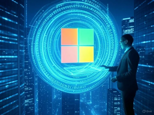 A businessman interacts with a holographic digital display of the Windows logo surrounded by futuristic cityscape at night.