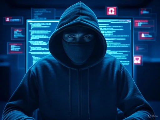 A masked individual in a hoodie, surrounded by computer screens with code and digital graphics, suggests hacking or cyber activity.