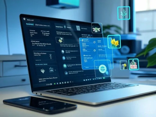A laptop displays augmented reality images of plants and flowers floating above the screen in a modern workspace.
