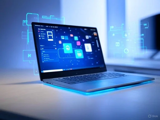 A laptop displaying digital icons and data, surrounded by holographic futuristic interface graphics in a neon-lit room.