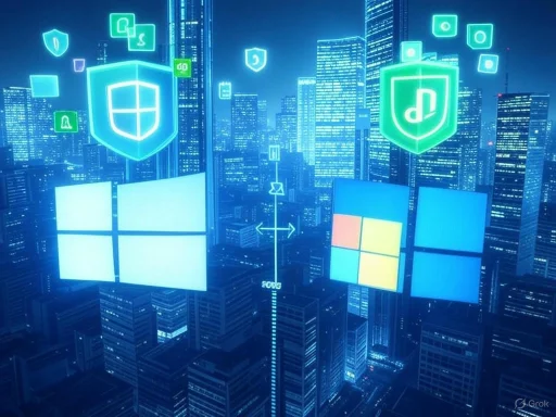 Digital security icons and windows overlay a futuristic cityscape at night in this cyber-themed illustration.