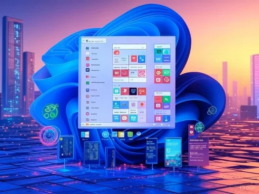 A digital display of Windows 11 interface against a futuristic cityscape with vibrant sunset colors.