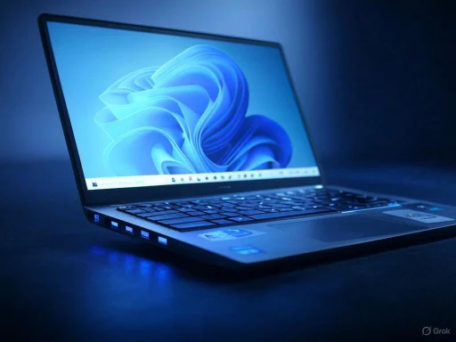 A sleek laptop with a glowing blue screen, set against a dark background, emitting a vibrant digital glow.