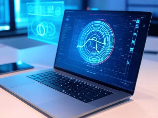 A laptop with a biometric fingerprint scan and data analysis graphs on the screen.