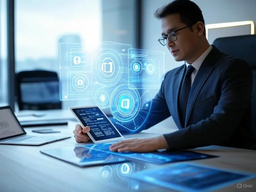 A businessman in a suit interacts with holographic digital interfaces in a modern office setting.