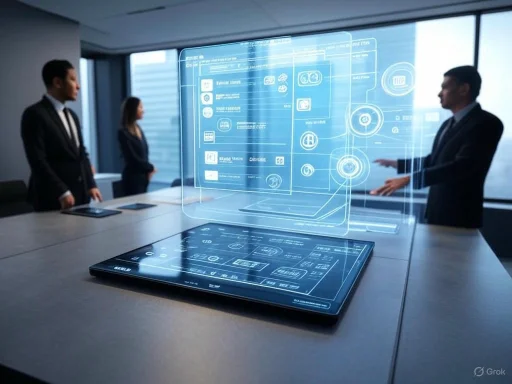 Businesspeople discuss a holographic digital interface in a modern office conference room.