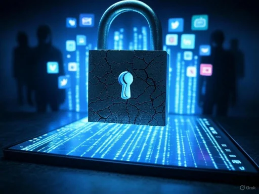 A digital padlock with a cracked surface floating above a tablet, symbolizing cybersecurity and data breach threats.