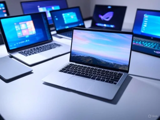 Multiple laptops displaying different screens are arranged on a white table.