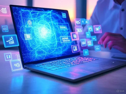 A person interacts with holographic digital icons emerging from a laptop in a futuristic tech setting.