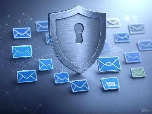 A shield with a lock icon protecting scattered digital email icons, symbolizing email security.