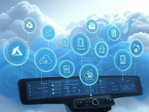 A futuristic dashboard displays health, weather, and data icons over a cloudy sky backdrop.