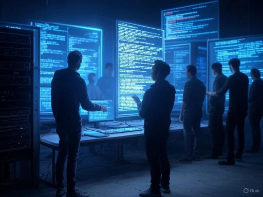 Group of people working on computers with large screens displaying coding or data in a dark, high-tech environment.