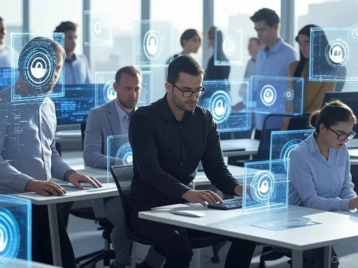 People working in a high-tech office with holographic digital security icons overlayed in the scene. People working in a high-tech office with holographic digital security icons overlayed in the scene.